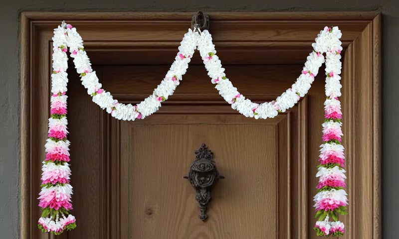 Daedal crafters Simple Cone Door Set Saraswathi Pink Toran for Main Door Entrance, Thoran for Mandir & Living Room Décor, Bandarwal for Festival Decoration, Flower Hanging for Home Décor (24x42 inch) - Image 1