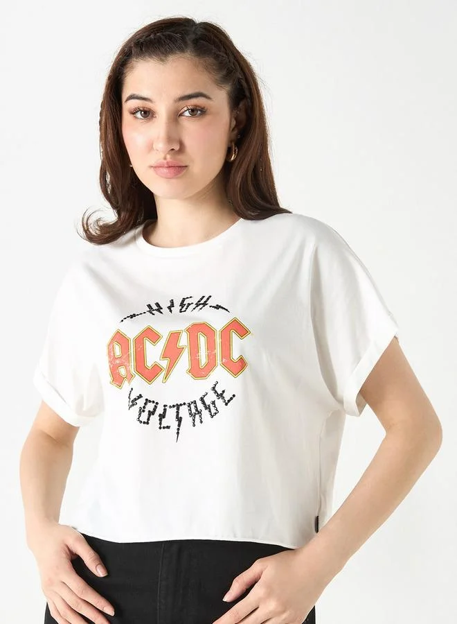 SP Characters AC/DC Print Crop T-shirt with Crew Neck and Extended Sleeves