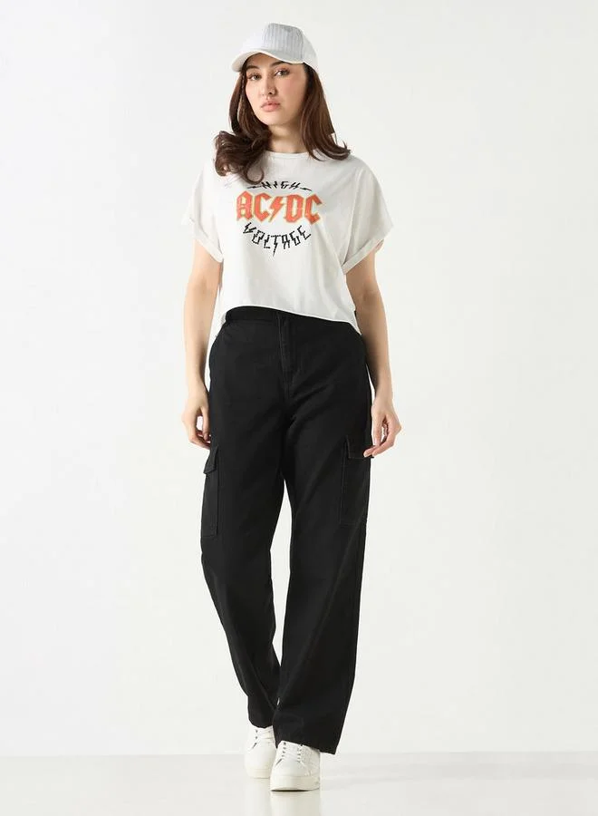 SP Characters AC/DC Print Crop T-shirt with Crew Neck and Extended Sleeves