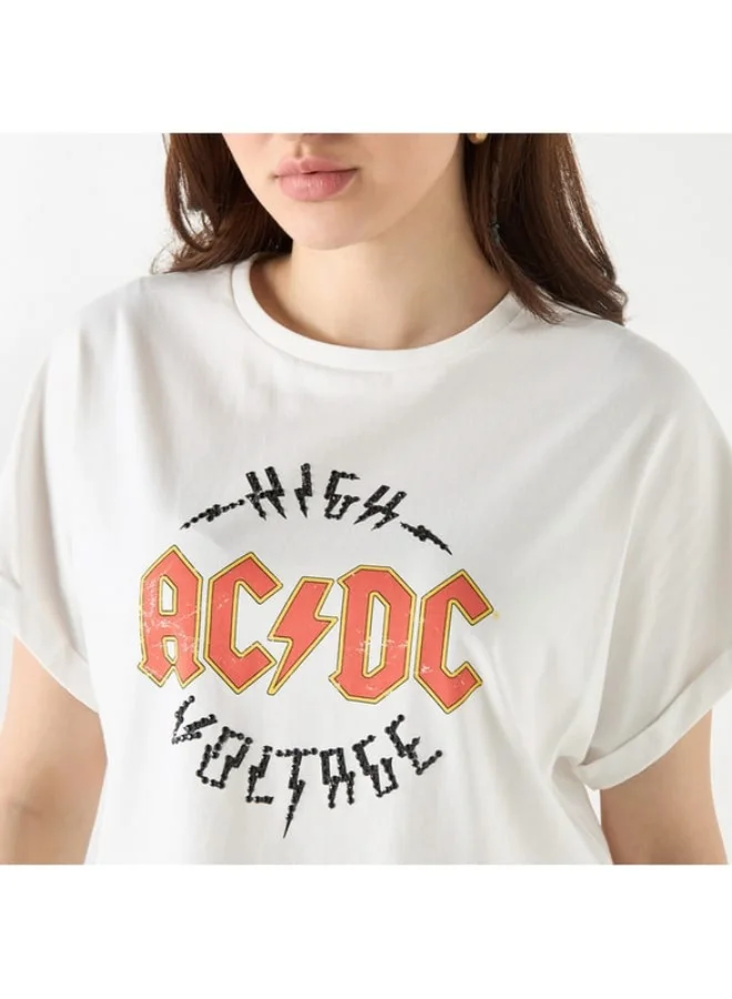 SP Characters AC/DC Print Crop T-shirt with Crew Neck and Extended Sleeves