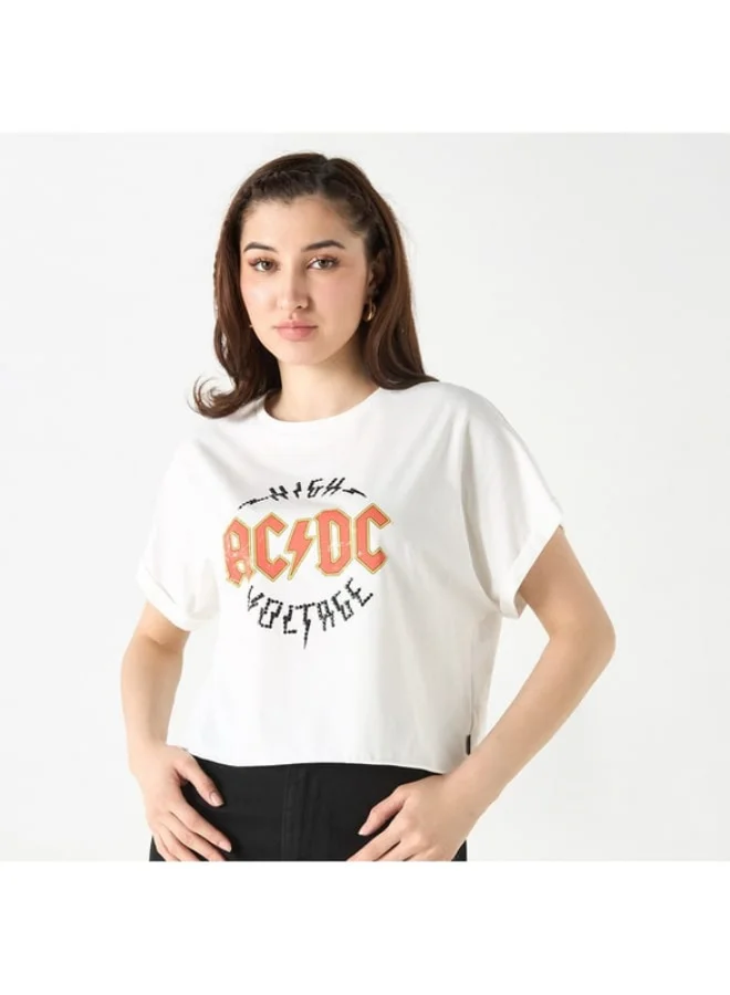 SP Characters AC/DC Print Crop T-shirt with Crew Neck and Extended Sleeves