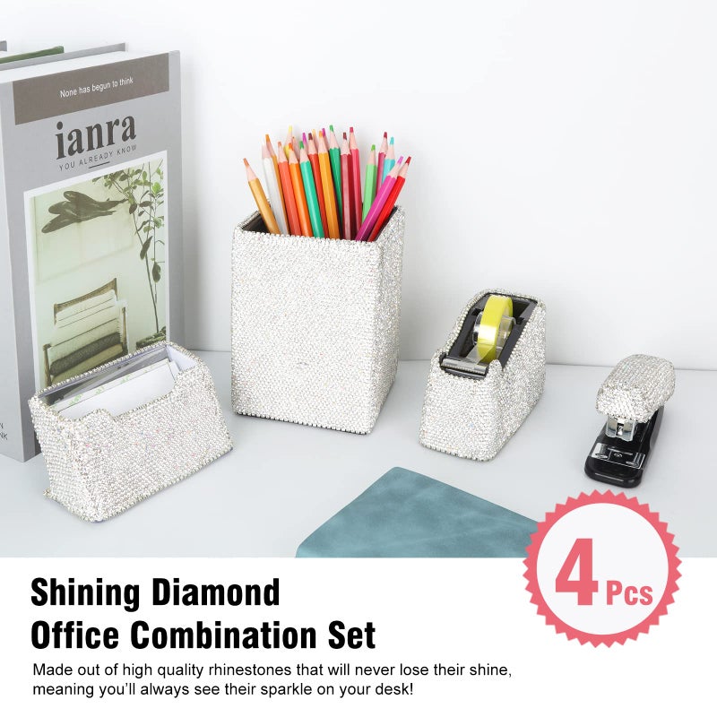 KEYPOWER Bling Crystal Luxury Handmade Diamond Square Pencil Pen Pot Holder & Stapler & Card Holder & Desktop Tape Dispenser Office Stationery Kit for Fashion Girls Women(White) - Image 2