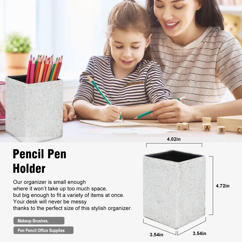 KEYPOWER Bling Crystal Luxury Handmade Diamond Square Pencil Pen Pot Holder & Stapler & Card Holder & Desktop Tape Dispenser Office Stationery Kit for Fashion Girls Women(White) - Image 3