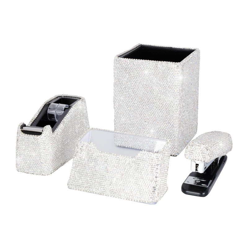 KEYPOWER Bling Crystal Luxury Handmade Diamond Square Pencil Pen Pot Holder & Stapler & Card Holder & Desktop Tape Dispenser Office Stationery Kit for Fashion Girls Women(White) - Image 1