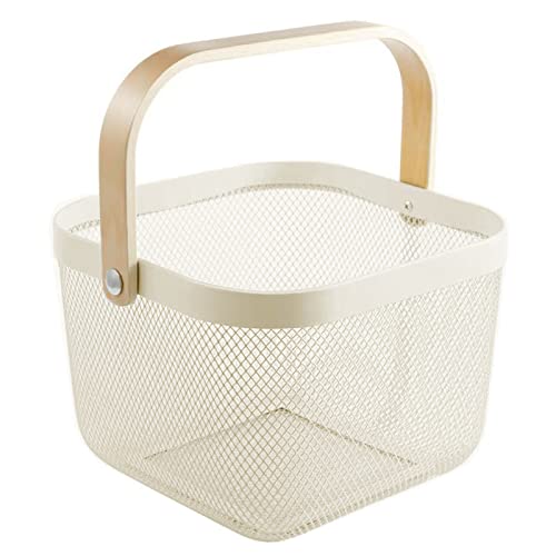 AJIODA Metal Mesh Steel Basket Storage Organizer Basket Multifunctional Hanging Kitchen Baskets Fruit Basket Bin with Bamboo Handle for Kitchen Bathroom Picnic Shopping Decor Cabinet Home Beige - Image 1