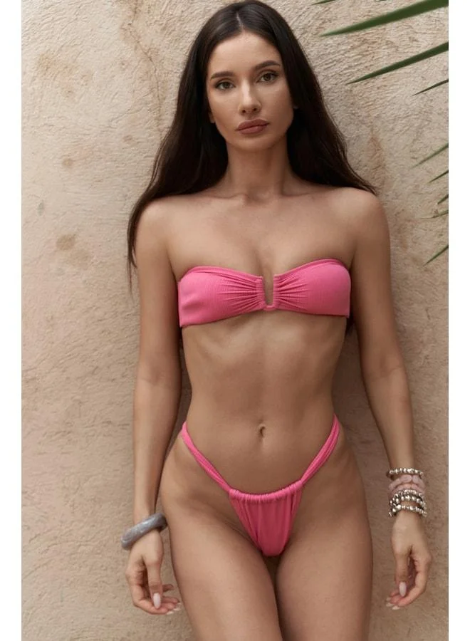 بوهيماي Lahla بيكيني بلا حمالات وردية مع تفاصيل مشبك.