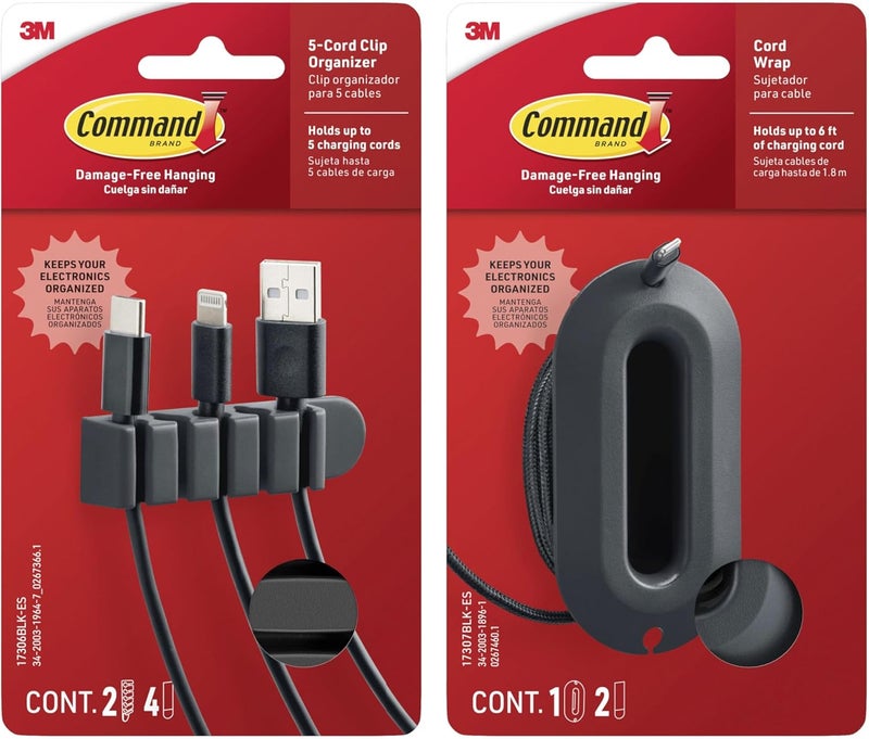 Command 5-Cord Clip Organizer and Wrap Bundle, 2 Clips, 1 Wrap and 6 Medium Strips, Black, Great for Damage-Free Electronics Organization Under Desk or Wall Mount - Image 1