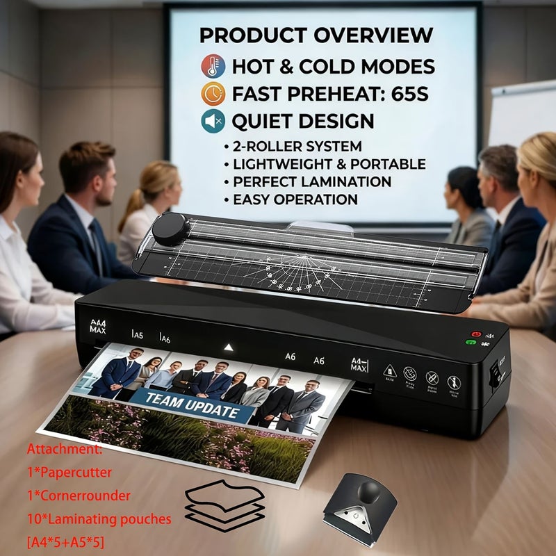 A4 Laminator Machine with Built In Cutter And Corner Rounder 10 Laminating Pouches Cold And Thermal Laminator For A4 A5 A6 Fast Warm Up Perfect Lamination For Home Office School Use Black - Image 1