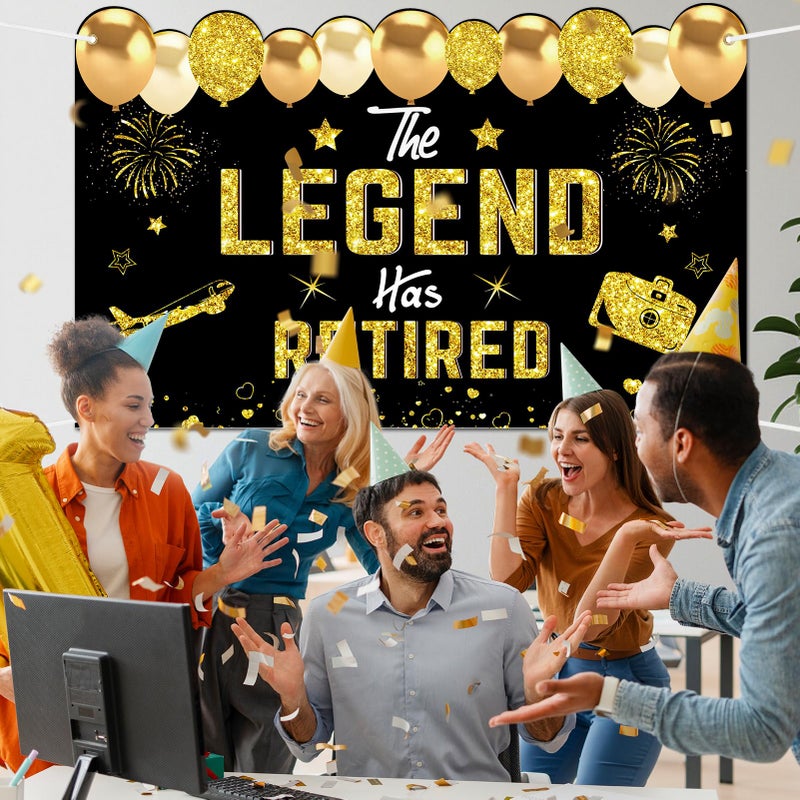 Uiorgui Retirement Party Decorations, Black Gold Retirement Banner for Men Women The Legend Has Retired Banner Retired Backdrop Party Supplies Sign - Image 5