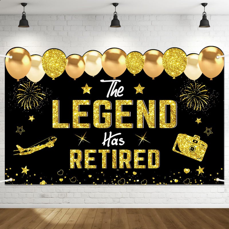 Uiorgui Retirement Party Decorations, Black Gold Retirement Banner for Men Women The Legend Has Retired Banner Retired Backdrop Party Supplies Sign - Image 1