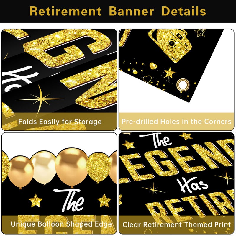 Uiorgui Retirement Party Decorations, Black Gold Retirement Banner for Men Women The Legend Has Retired Banner Retired Backdrop Party Supplies Sign - Image 3