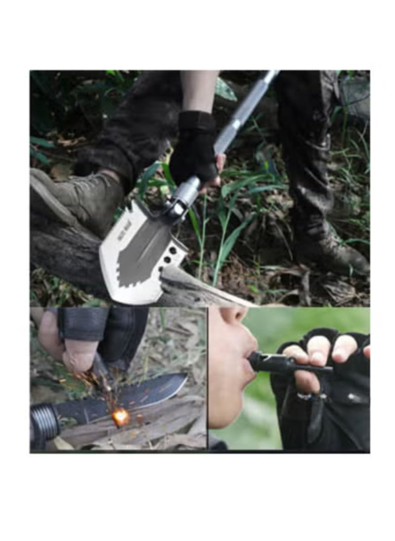 Tactical Folding Shovel - Multifunctional Tool with Portable Survival kit Durable Hiking Equipment Include Knife  Screwdriver & Fire Starter  All-in-one  Survival Tool