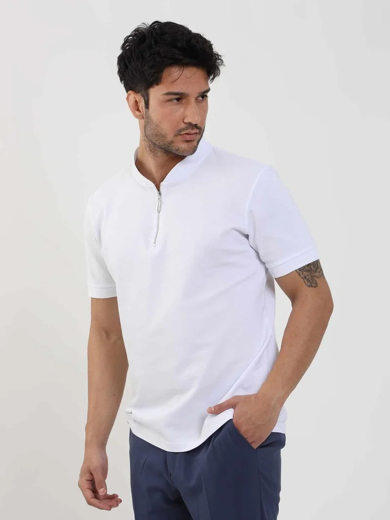 Dufy White Men's Slim Fit Patterned Polo Neck Tshirt - 105294