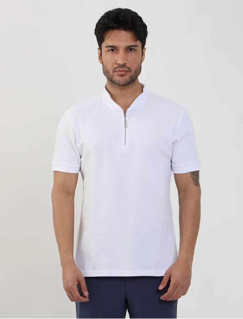 Dufy White Men's Slim Fit Patterned Polo Neck Tshirt - 105294
