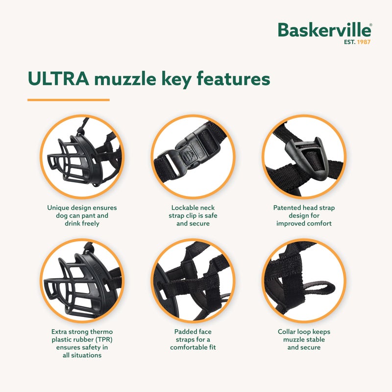 Baskerville كمامة باسكرفيل ألترا - تصميم إنساني مسجل ببراءة اختراع، قابلة للتنفس، يمكن للكلب أن يتنفس ويشرب، قابلة للتعديل، مبطنة، كمامة تدريب للكلاب متوسطة الحجم، تمنع العض، البحث عن الطعام في البرية (الحجم 3، أسود) - Image 2