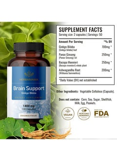 HERBAMAMA Brain Supplement Nootropic Supplement To Support Cognitive Function Memory Mental Focus Energy Natural Nongmo Vegan Formula Ginkgo Biloba Ginseng Bacopa 1400Mg 100 Capsules  - Image 3