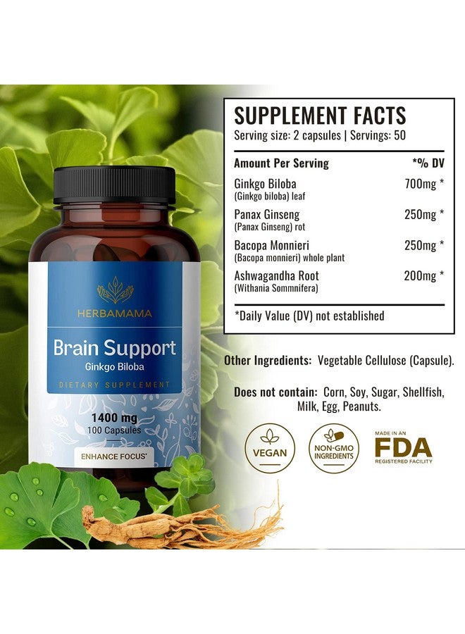 HERBAMAMA Brain Supplement Nootropic Supplement To Support Cognitive Function Memory Mental Focus Energy Natural Nongmo Vegan Formula Ginkgo Biloba Ginseng Bacopa 1400Mg 100 Capsules - Image 3