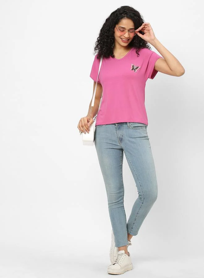 Mish Mish Women Pink Embellished Butterfly Detail V Neck T-Shirt