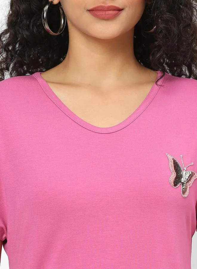 Mish Mish Women Pink Embellished Butterfly Detail V Neck T-Shirt