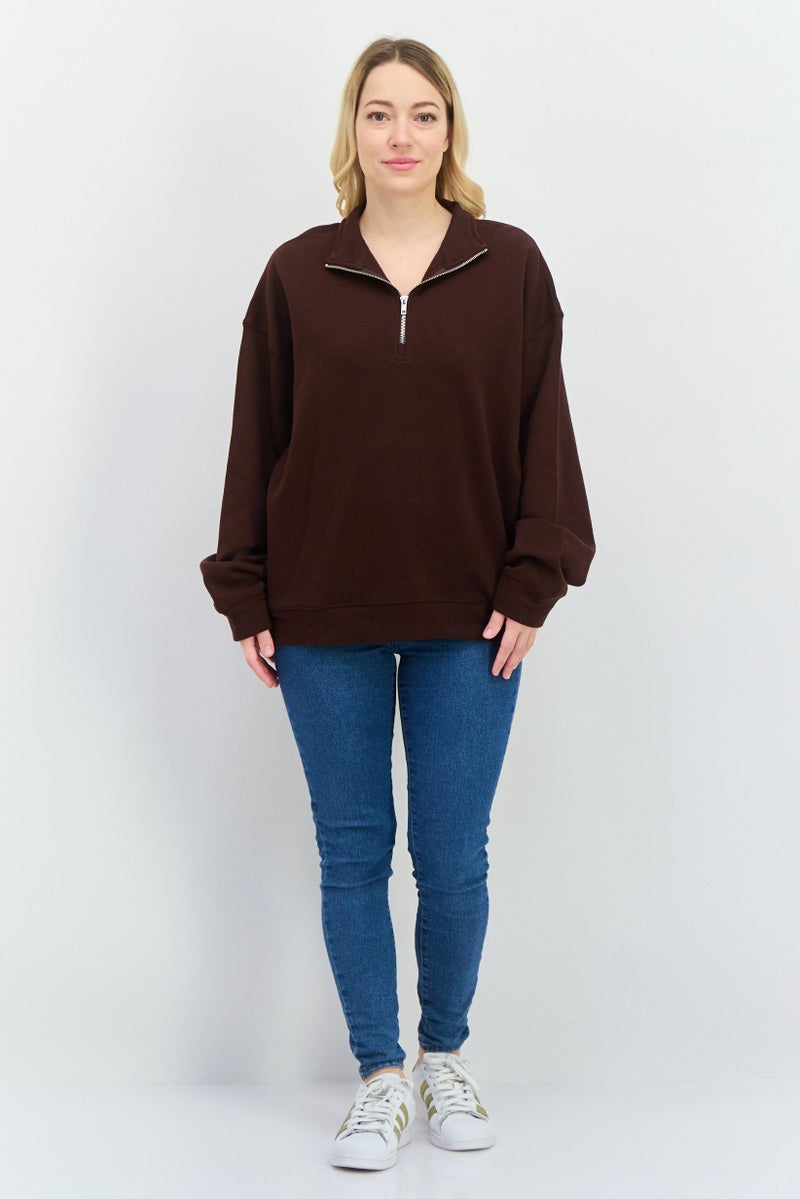 NIA Women High Neck Long Sleeves Solid Half Zip Sweatshirt, Dark Brown - Image 4