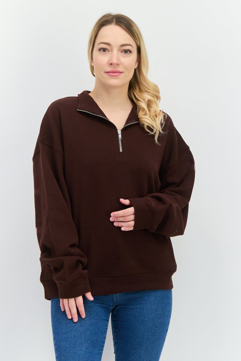 NIA Women High Neck Long Sleeves Solid Half Zip Sweatshirt, Dark Brown - Image 1
