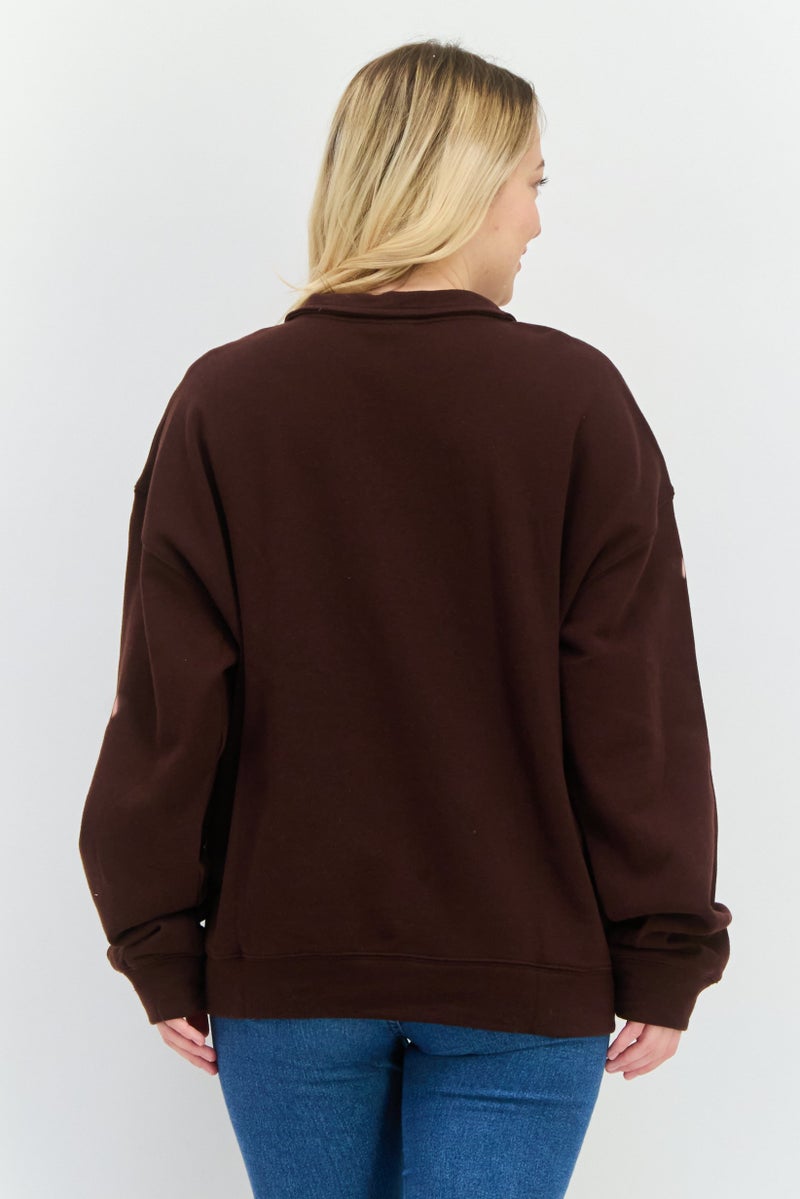 NIA Women High Neck Long Sleeves Solid Half Zip Sweatshirt, Dark Brown - Image 3