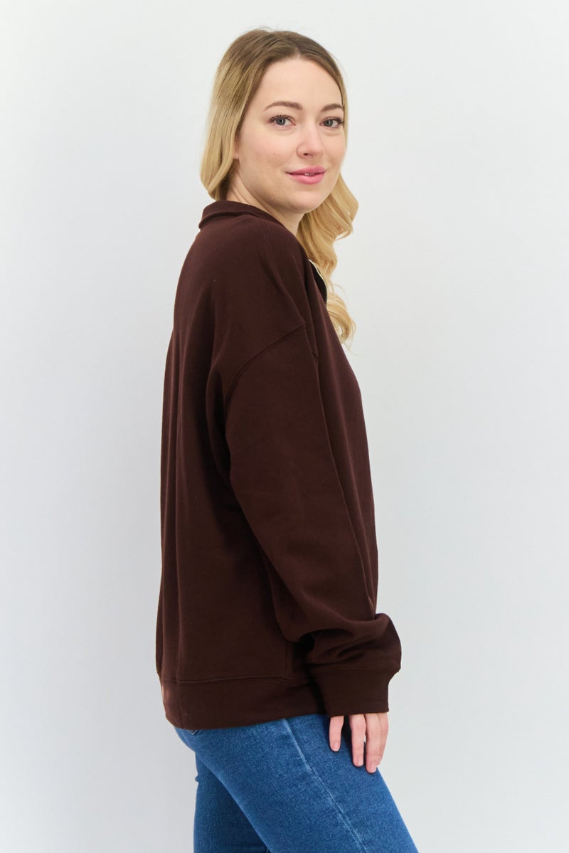 NIA Women High Neck Long Sleeves Solid Half Zip Sweatshirt, Dark Brown - Image 2