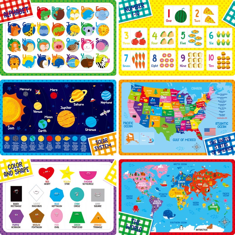 SpriteGru 6 Pack Placemats for Kids, Non-Slip Washable, Reusable Alphabet, Number, Shape & Color, Universe, Map Themed Educational Placemats for Home, Kindergarten, Classroom, Nursery - Image 1