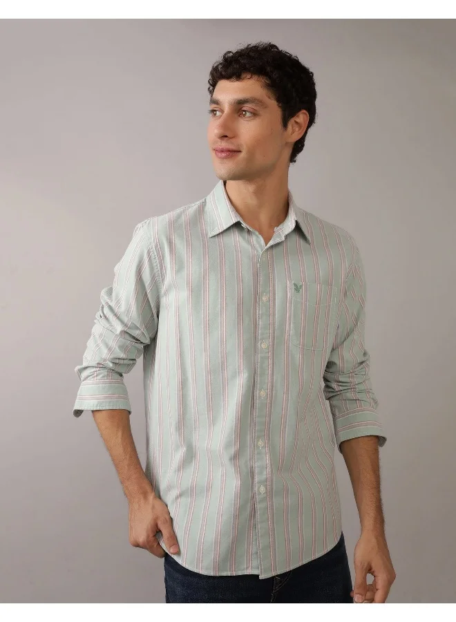 American Eagle Embroidered Logo Stripe Slim Fit Oxford Shirt