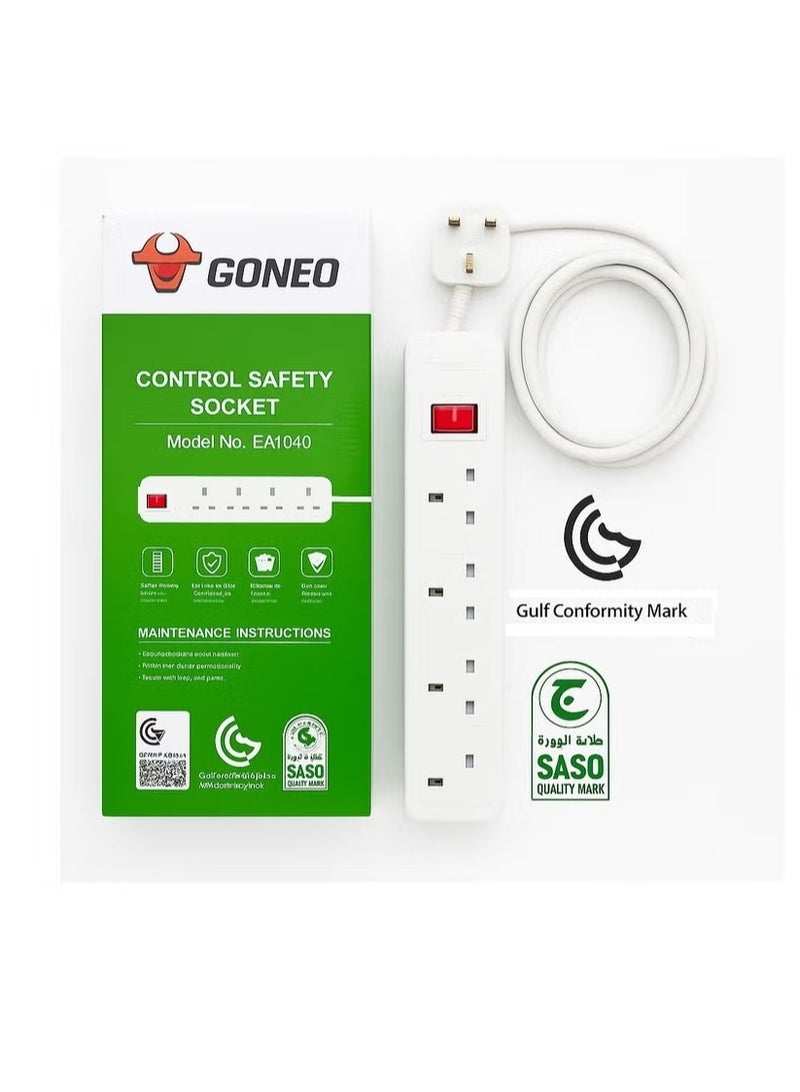 جونيو مشترك كهربائي GONEO رباعي المنافذ مع زر تحكم – كابل 3 متر، حماية من الحمل الزائد، قفل أمان، قدرة حتى 13 أمبير (موديل EA1040-30) - Image 1