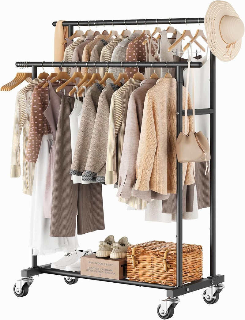 Calmootey Double Rod Clothing Garment Rack,Rolling Hanging Clothes Rack,Portable Clothes Organizer for Bedroom,Living Room,Clothing Store,Black - Image 1