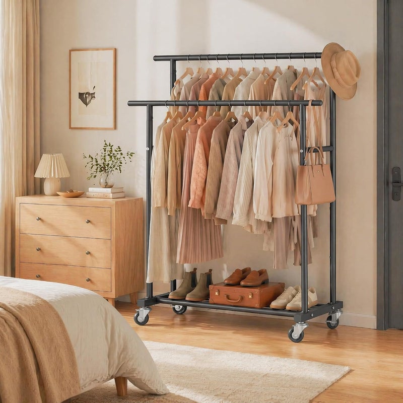 Calmootey Double Rod Clothing Garment Rack,Rolling Hanging Clothes Rack,Portable Clothes Organizer for Bedroom,Living Room,Clothing Store,Black - Image 5