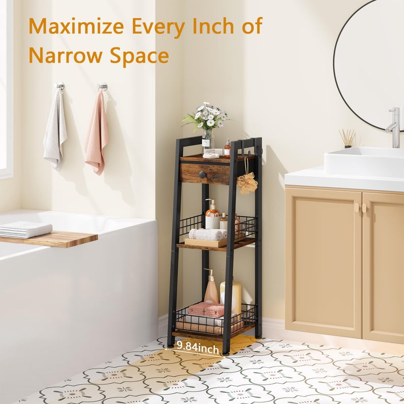 Gewudraw 3-Tier Narrow Ladder Shelf with Drawer, Bathroom Table Stand for Small Space, Narrow Bathroom Standing Shelves with Storage for Living Room Bedroom Kitchen, Organizer Shelf, Rustic Brown - Image 2
