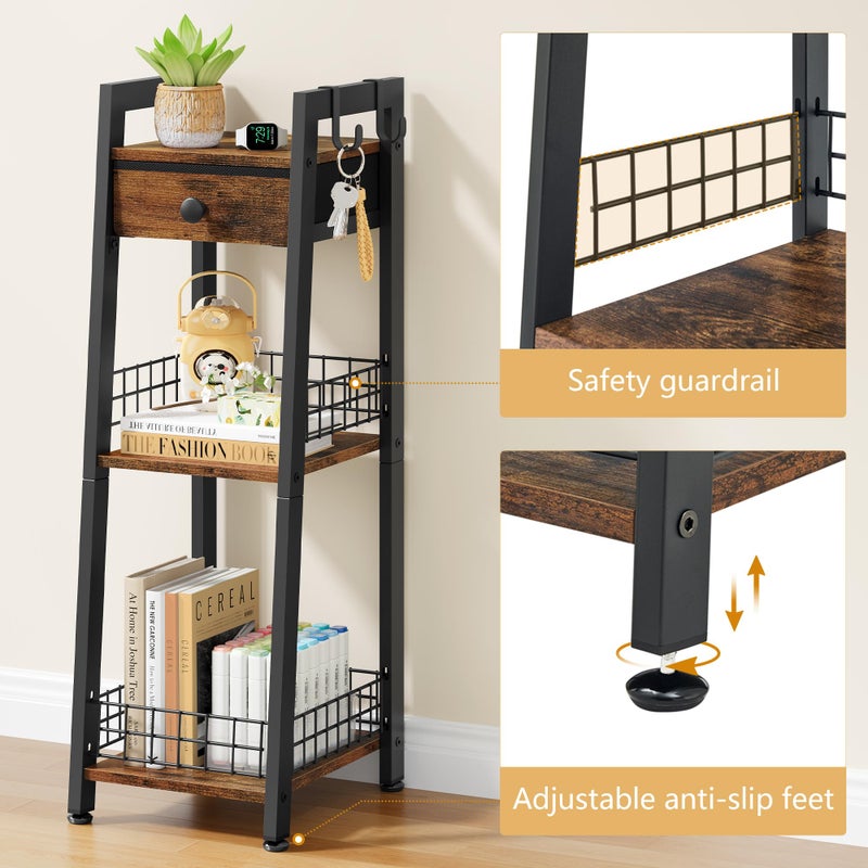 Gewudraw 3-Tier Narrow Ladder Shelf with Drawer, Bathroom Table Stand for Small Space, Narrow Bathroom Standing Shelves with Storage for Living Room Bedroom Kitchen, Organizer Shelf, Rustic Brown - Image 3