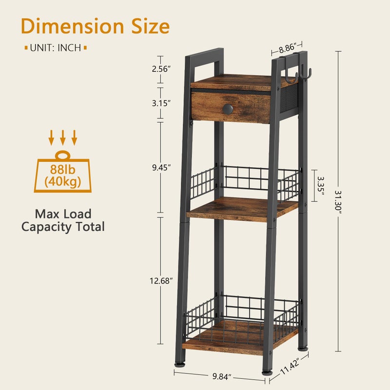 Gewudraw 3-Tier Narrow Ladder Shelf with Drawer, Bathroom Table Stand for Small Space, Narrow Bathroom Standing Shelves with Storage for Living Room Bedroom Kitchen, Organizer Shelf, Rustic Brown - Image 5