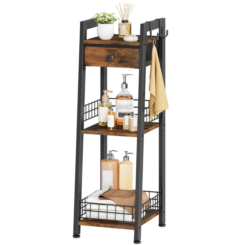 Gewudraw 3-Tier Narrow Ladder Shelf with Drawer, Bathroom Table Stand for Small Space, Narrow Bathroom Standing Shelves with Storage for Living Room Bedroom Kitchen, Organizer Shelf, Rustic Brown - Image 1