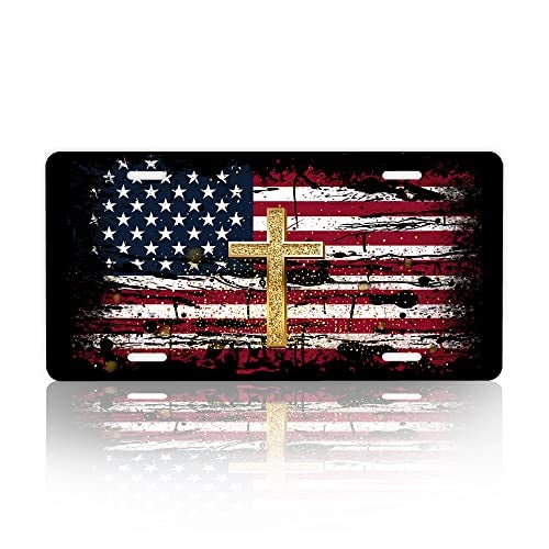Snowmolle License PlateAmerican Flag Jesus Cross License Plates Decorative Car Front Vanity TagMetal Car PlateAluminum Novelty6 X 12 Inch 4 Holes Display Use Only - Image 1