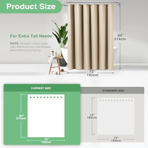 Dynamene Extra Long Shower Curtain,84 Inch Long Beige Waffle Weave Weighted Thick Fabric Bathroom Shower Curtain, Neutral Large Hotel Bath Curtain Set with 12 Plastic Hooks,72x84,Beige/Khaki - Image 3