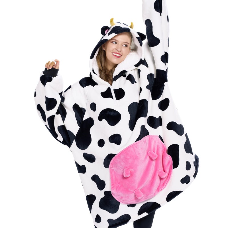 Giggling Getup Wearable Blanket Hoodie for Women and Men Sherpa Fleece Hooded Blanket Sweatshirt Warm Cozy Sherpa Wearable Throw Oversized Hoodie with Giant Pocket Sleeves for Adult Cow