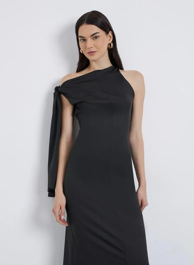 Take Two Solid Asymmetric Neck Sleeveless Midi Dress