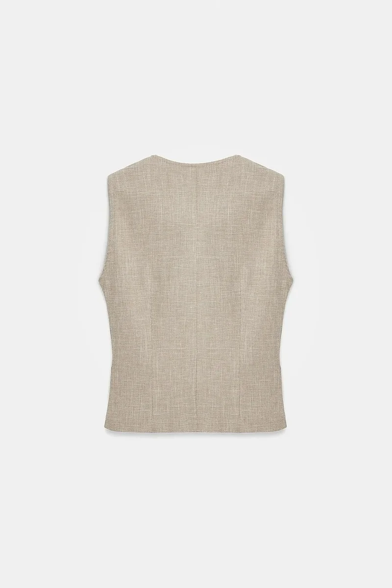 Dilvin Stone Natural DILVIN Fitted Woven Waistcoat With Button Front for Women | Best Price UAE