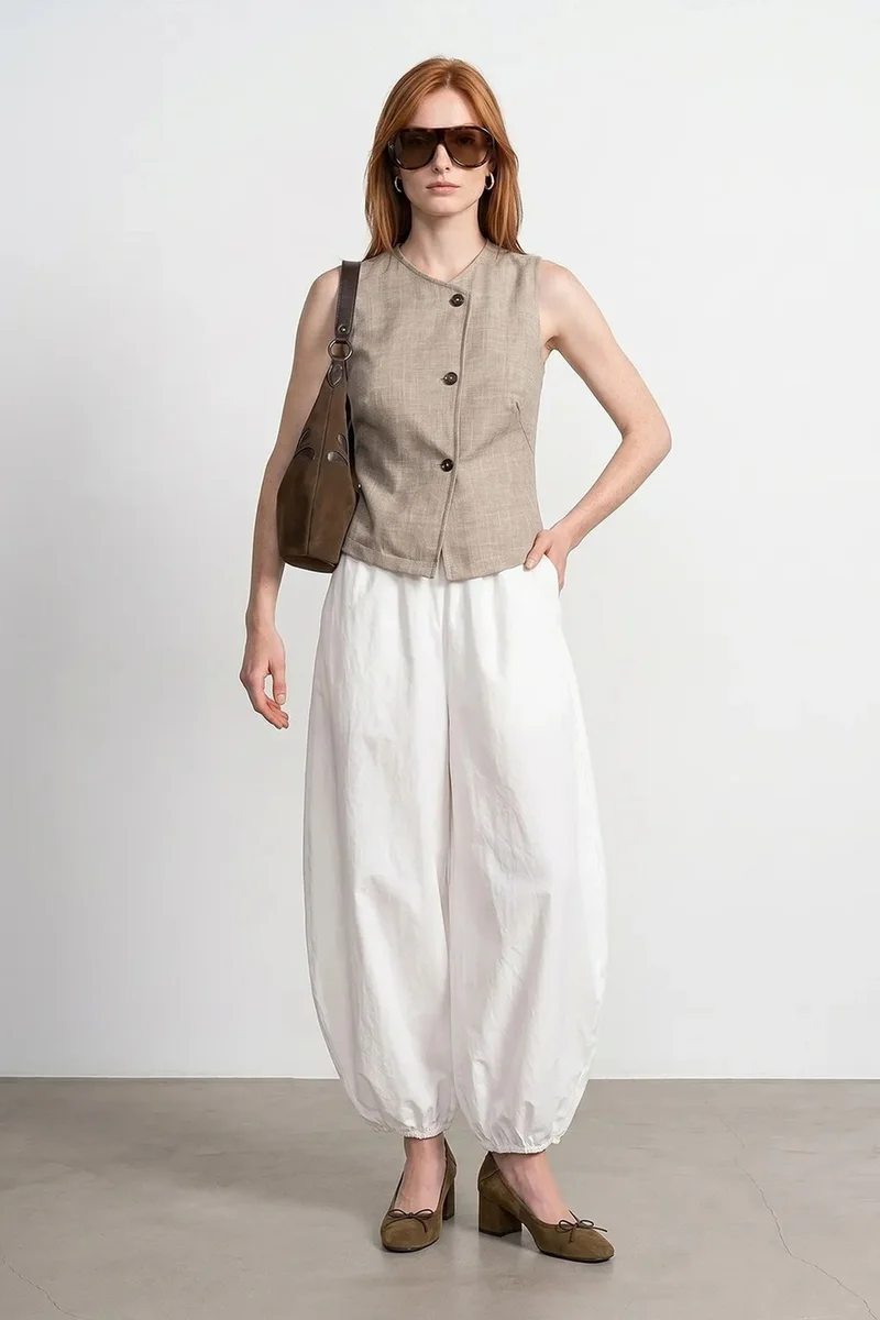 Dilvin Stone Natural DILVIN Fitted Woven Waistcoat With Button Front for Women | Best Price UAE