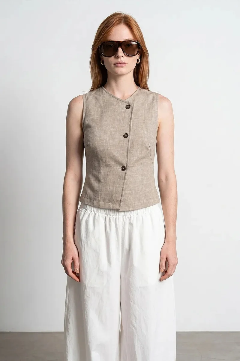Dilvin Stone Natural DILVIN Fitted Woven Waistcoat With Button Front for Women | Best Price UAE