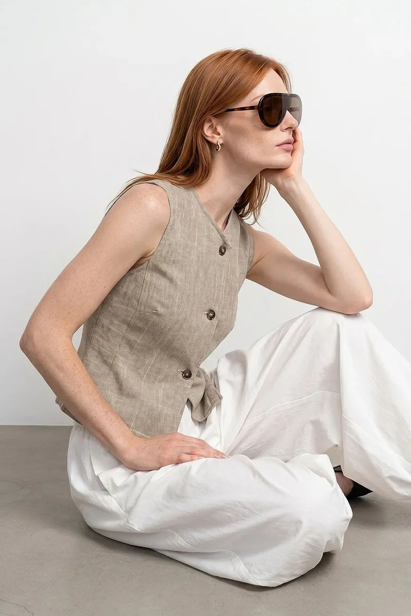 Dilvin Stone Natural DILVIN Fitted Woven Waistcoat With Button Front for Women | Best Price UAE