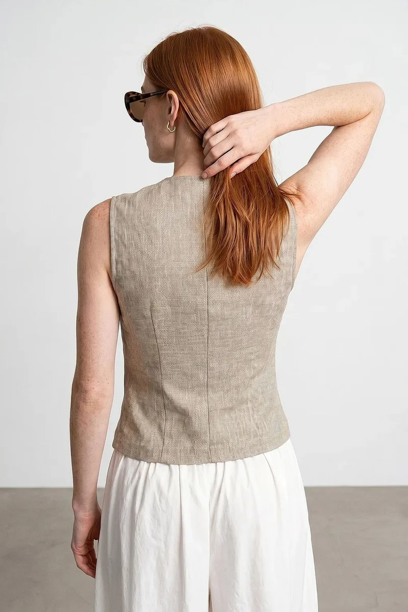 Dilvin Stone Natural DILVIN Fitted Woven Waistcoat With Button Front for Women | Best Price UAE