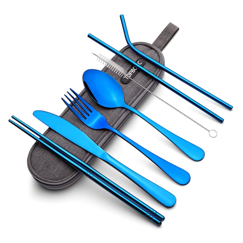 Portable Stainless Steel Flatware Set Travel Camping Cutlery Set Portable Utensil Travel Silverware Dinnerware Set with a Waterproof Case Blue