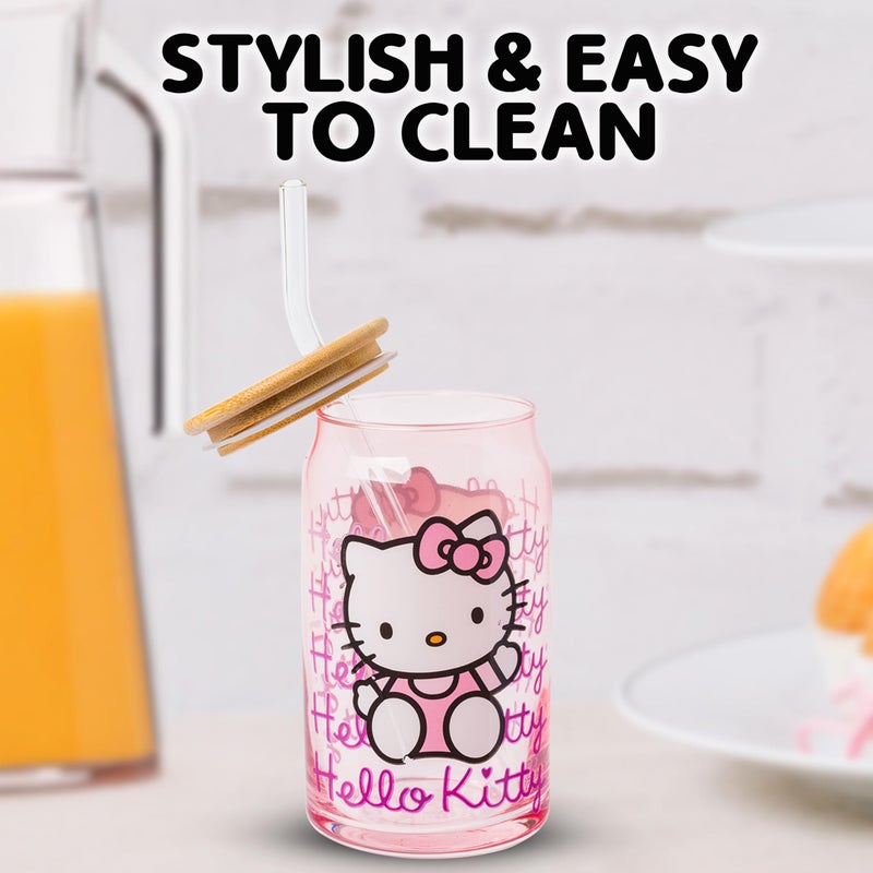 Silver Buffalo Sanrio Hello Kitty Waving Pink Glass Jar Tumbler with Bamboo Lid and Glass Straw, 16 Ounces - Image 3