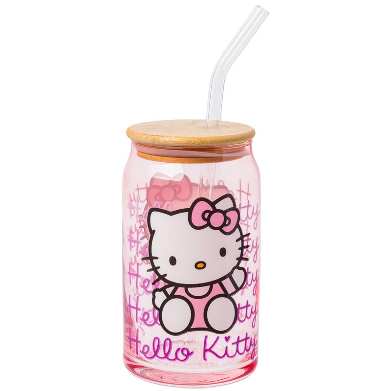 Silver Buffalo Sanrio Hello Kitty Waving Pink Glass Jar Tumbler with Bamboo Lid and Glass Straw, 16 Ounces - Image 1