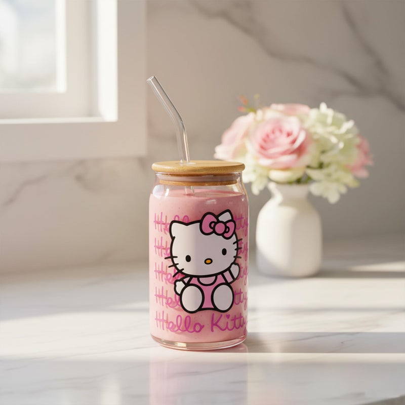 Silver Buffalo Sanrio Hello Kitty Waving Pink Glass Jar Tumbler with Bamboo Lid and Glass Straw, 16 Ounces - Image 5