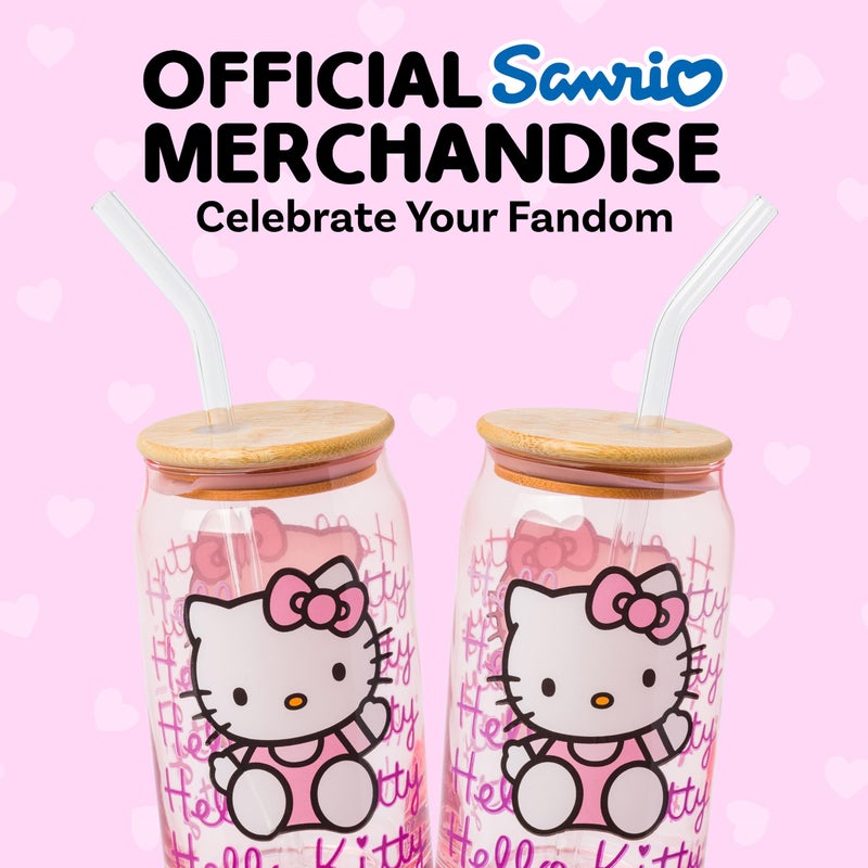 Silver Buffalo Sanrio Hello Kitty Waving Pink Glass Jar Tumbler with Bamboo Lid and Glass Straw, 16 Ounces - Image 2